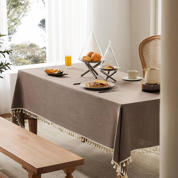 Linen Tablecloth with Tassels, Farmhouse Style Brown Tablecloth, Water Resistant Burlap Tablecloths for Square Table, 52x52 Inch Cocoa Brown