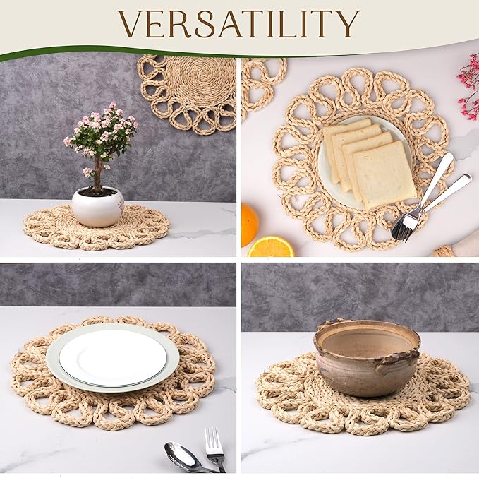 13.8" Corn Husk Woven Round Placemats Set of 4 - Wicker Boho Farmhouse Placemats - Rattan Table Mats Like Water Hyacinth for Dining Table, Wedding, Home, Christmas, Party