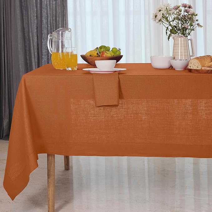 D'Moksha Homes Linen Rust Tablecloth 60 x 120 Inch - 100% Pure Linen Rectangular Tablecloth - Machine Washable Table Cloth for Spring, Easter