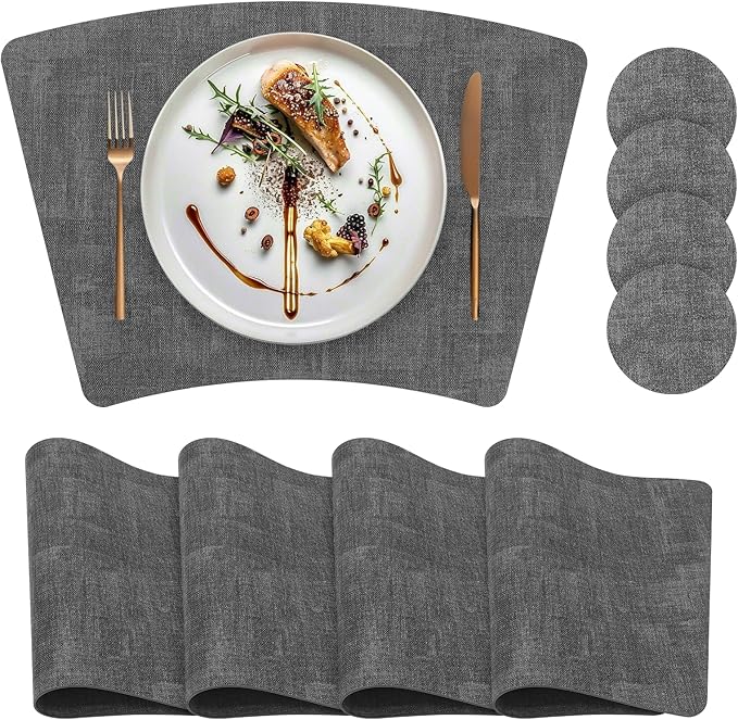 Round Table Placemats Set of 4, Wedge Shaped Faux Leather Table Mats, Heat Resistant Wipeable Washable Place Mats for Dining Table Dinner Kitchen Indoor Outdoor
