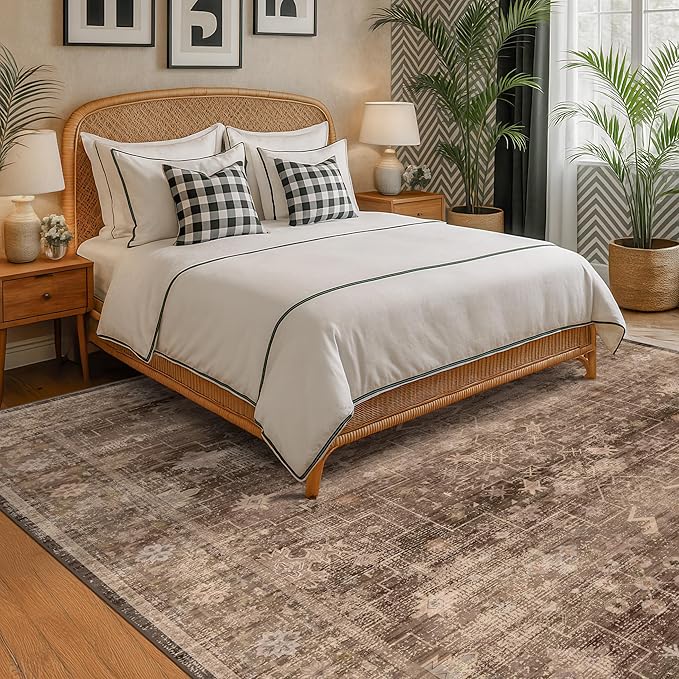 Brown 9x12 Living Room Rug - Vintage Western Eclectic Unique Neutral Taupe, Washable Low Pile Non-Slip Large Area Rugs for Dining Under Table Bedroom Under Bed