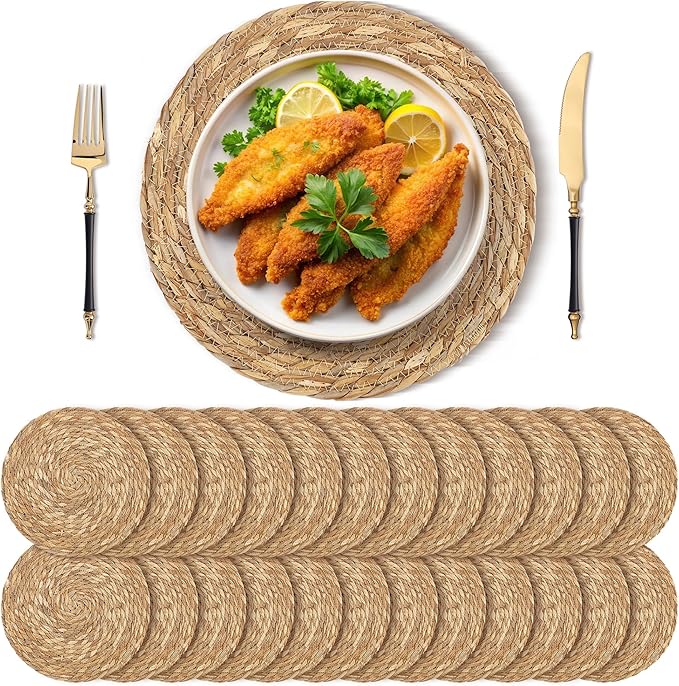 Kochorie Set of 24 Round Woven Placemats 13.8 Inches Bulrush Placemats Natural Hand-Woven Boho Rattan Placemats Wicker Table Mats Farmhouse Weave Place Mats for Home Dining Table