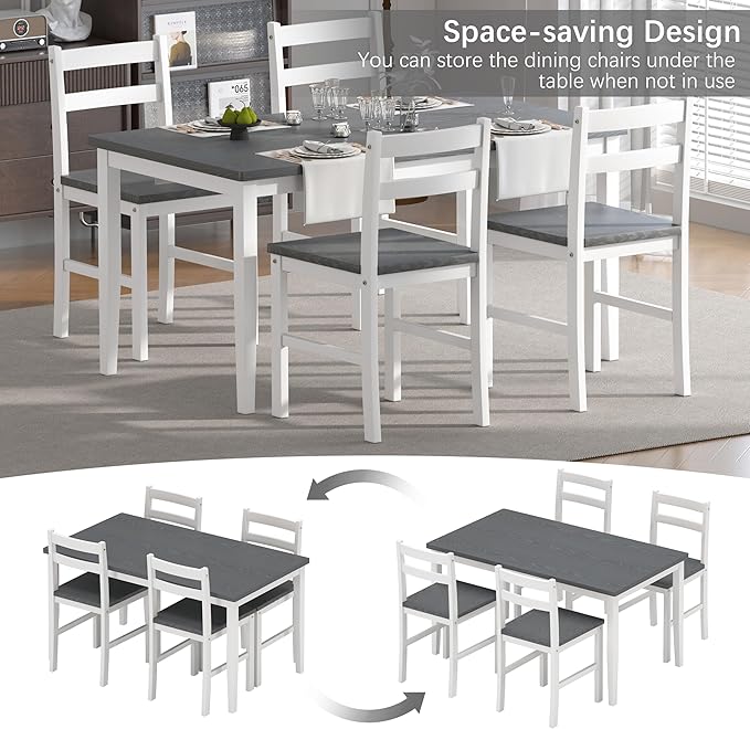 5 Piece Dining Table Set, Solid Wood Dining Table Set for 4, Farmhouse Table and 4 Chairs Set, 43.3'' Rectangular Kitchen Table Set for 4, Grey & White