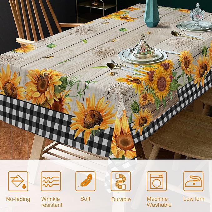 Sunflower Tablecloth 60 x 84 Inch Rectangle, Farmhouse Bee Decor Black White Buffalo Check Table Cloth for Party Dining Room