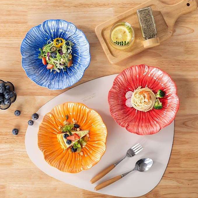 8-Inch Ceramic Dinner Plates, Set of 3 for Salad Dessert Appetizer Pasta | Decorative Plates for Home Decor, Jewelry Trays, Floral Design in Blue Pink Orange