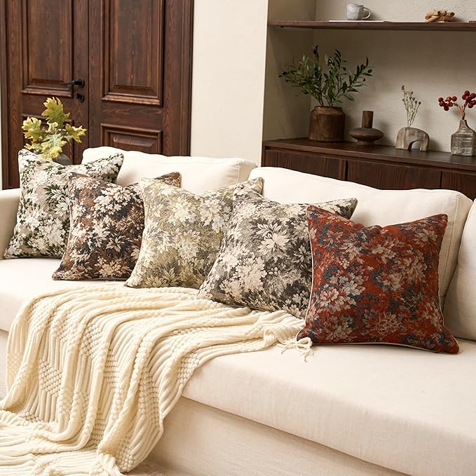 Yangest Neutral Floral Pillow Cover 20 x 20 Inches, Vintage Chenille Square Throw Pillow Cover Soft Decorative Farmhouse Accent Couch Pillow Cover for Living Room Bedroom, Grey