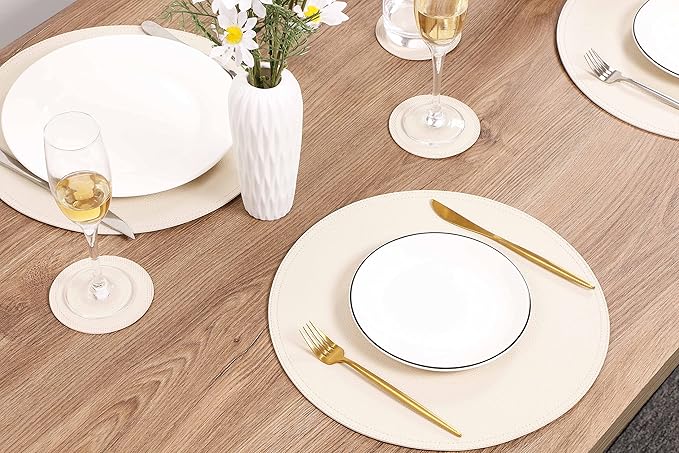Set of 8 Faux Leather Round Placemats and Coasters, Coffee Mats Kitchen Table Mats, Waterproof, Easy to Clean for Kitchen Dining Round Table, 13 inch Beige