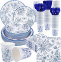 Kochorie 400 Pieces Blue and White Flower Disposable Party Tableware Sets Including Plates Cups Napkins Cutlery Serves 50 for Wedding Birthday Baby Shower Party Decorations