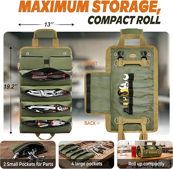 Heavy Duty Canvas Tool Roll Organizer - Multi-Purpose Wrench Pouch with 6 Zippered Pockets - Compact Car Trunk Storage for Mechanics, Electricians & Off-Road Emergency Kits (Green)