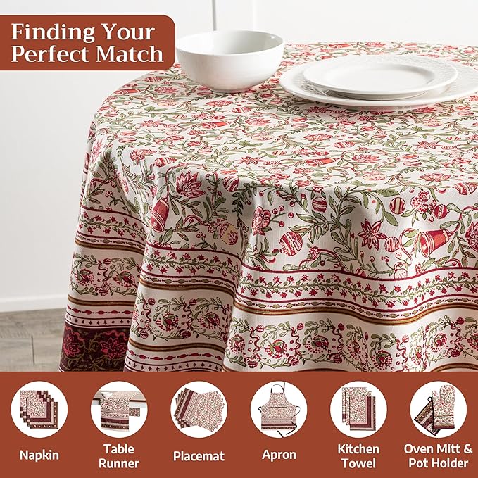 Maison d' Hermine Table Cloth Round Table 100% Cotton 69 Inches Fall Tablecloth Reusable Everyday Use for Thanksgiving Christmas Decorations Dining Farmhouse Party (Reveillon Au Jardin)