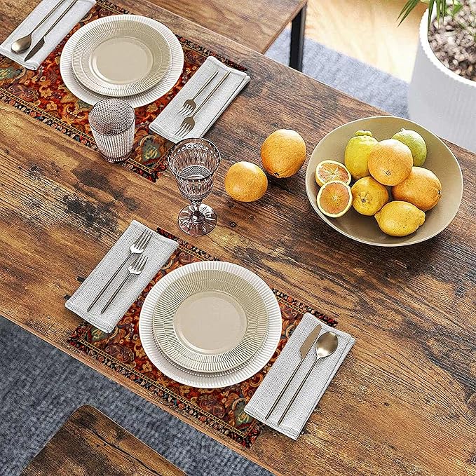 Ethnic Boho Placemats Set of 6, Southwest Orange Blue Teal Carpet Woven Texture Linen Washable Table Mats for Christmas, Thanksgiving, Party, and Dining 12x18 in