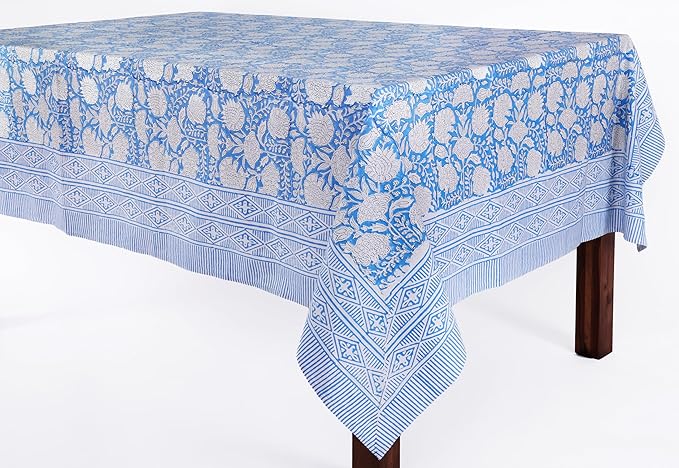 ATOSII Azora Blue 100% Cotton Rectangle Fall Tablecloth, Handblock Floral Print Linen Table Cloth for Kitchen Dining I Parties, Outdoors, Christmas, Thanksgiving I 72 X 120 Inches I 10 Seater