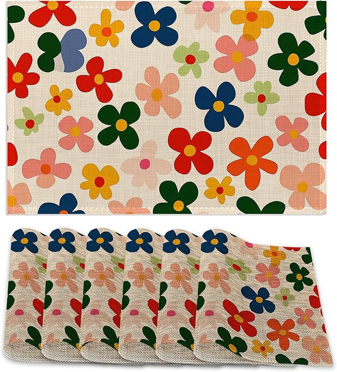 6 Pcs Placemats,Vintage Groovy Flowers Placemat,Colorful Table Mats Washable Recyclable Table Placemats for Indoor Outdoor Heat Resistant Kitchen Dining 12"x18"