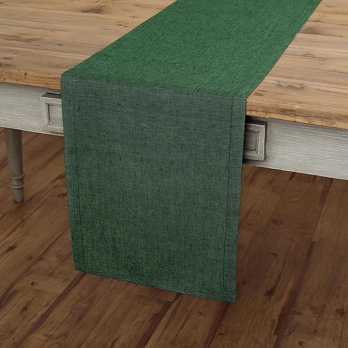 Solino Home Linen Table Runner 144 Inches Long - Athena, 100% Pure Linen Forest Green 14 x 144 Inch Table Runner for Dining, Winter, Easter, St Patricks Day