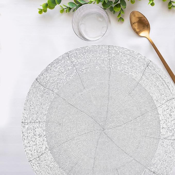 Lightnpro Beaded Placemats Set of 4-13 Inch Round Handmade Table Chargers - Rustic Farmhouse Glitz Table Décor for Dining Room, Christmas, Thanksgiving, Easter & Special Events- Whitish Silver