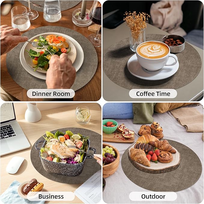 15 inch Faux Leather Round Placemats Set of 4 Non-Slip Washable Wipeable Table Mats, Heat Resistant Waterproof Oilproof Dark Coffee Place Mats for Kitchen, Dining, Party, Indoor, Outdoor