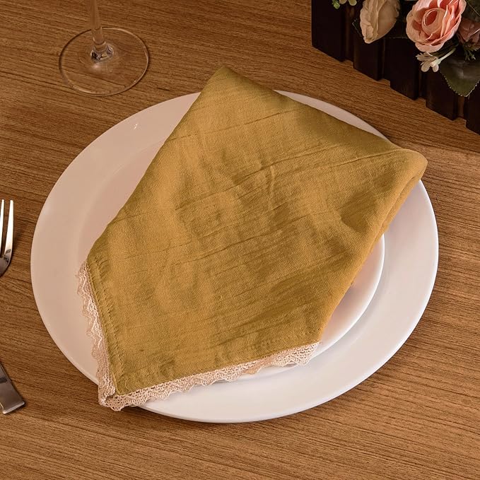 FINGERCRAFT Dinner Cloth Napkin Cotton Muslin Double Gauze 12 Pack with Classic Lace for Everyday Use, Wedding, Party, Christmas, Easter Napkins Cloth are Pre Shrunk and Good Absorbency Gold