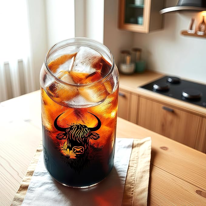 Cute Highland Cow Glass Cup With Lids And Straws, Highland Cow Gift For Women, Iced, Coffee, Smoothie, Cocktail, Beer, Whiskey, Soda, Matcha,16 Oz, Home Office Table Desk Decoration!