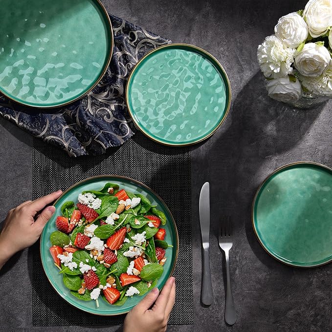 LIANYU Ceramic Dessert Plates Set of 6, 7.9 Inch Kitchen Dinner Plates Set, Porcelain Serving Dishes for Cake, Bread, Salad, Snack and Steak, Microwave, Oven and Dishwasher Safe, Emerald Green