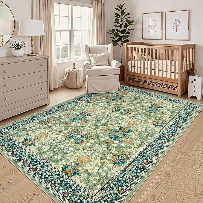 GarveeHome 6x9 Washable Area Rug for Living Room, Floral Dining Room Rugs for Under Table, Low Pile Non-Slip Stain Resistance Floor Carpet for Bedroom, Sage Green