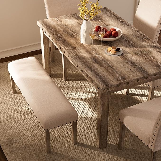 Morden Fort Farmhouse Rectangular Wooden Dining Table, Rustic 60" Kitchen & Dining Room Table with Woodgrain Tabletop, Rivet Accents & Solid Wood Legs