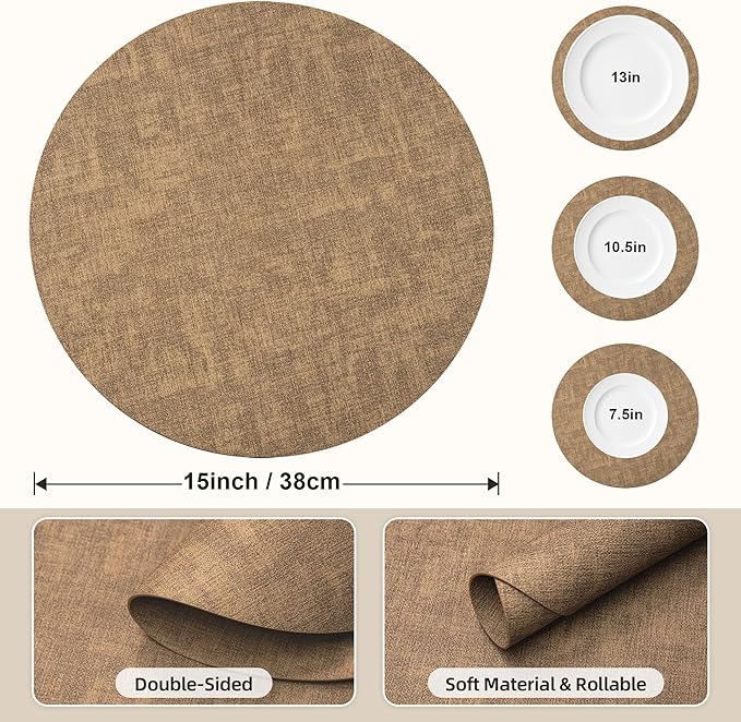 15 inch Faux Leather Round Placemats Set of 6 Non-Slip Washable Wipeable Table Mats, Heat Resistant Waterproof Oilproof Brown Place Mats for Kitchen, Dining, Party, Indoor, Outdoor