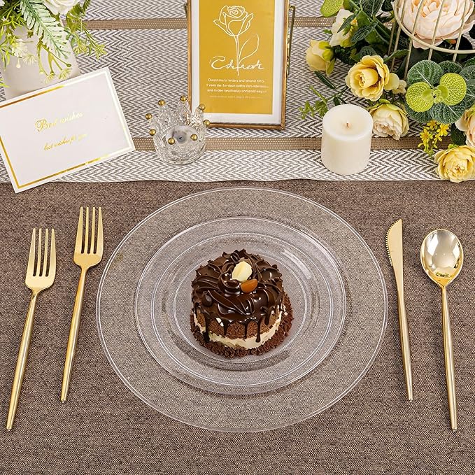 I00000 200PCS Clear Plastic Plates, Disposable Clear Plates for 100 Guests, Premium Dinner and Dessert Plate, Fancy Hard Plastic Party Plate for Birthday, Wedding & Party