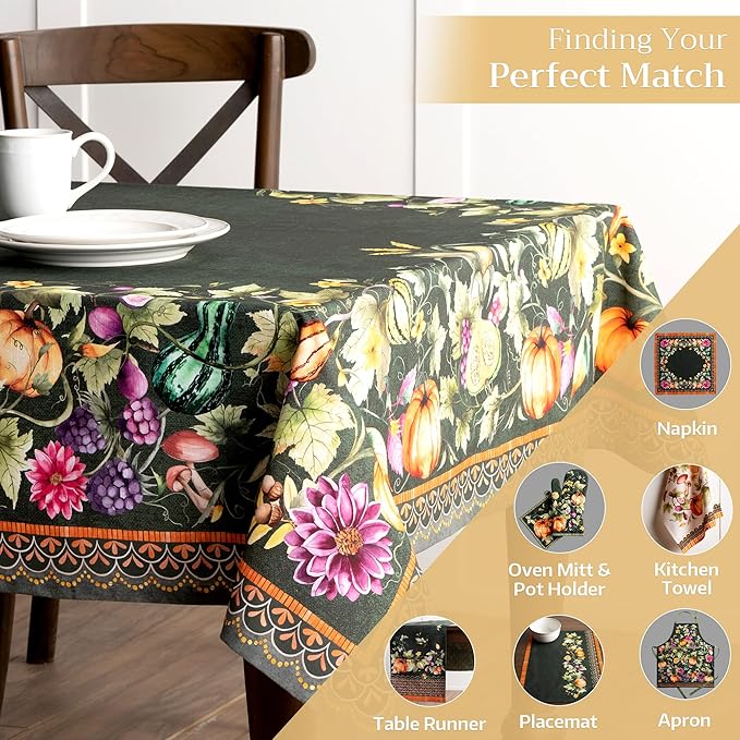 Maison d' Hermine Table Cloth Square Table 100% Cotton 54 x 54 Inches Fall Tablecloth Reusable Everyday Use for Thanksgiving Christmas Decorations Dining Farmhouse Party (Pumpkin Garden - Dark Green)