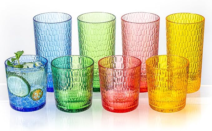 15oz and 22oz Colorful Acrylic Glasses Drinkware (Set of 8), Honeycomb Stackable Shatter-Proof Plastic Tumblers, Reusable Plastic Drinking Glasses, BPA-Free, Dishwasher-Safe