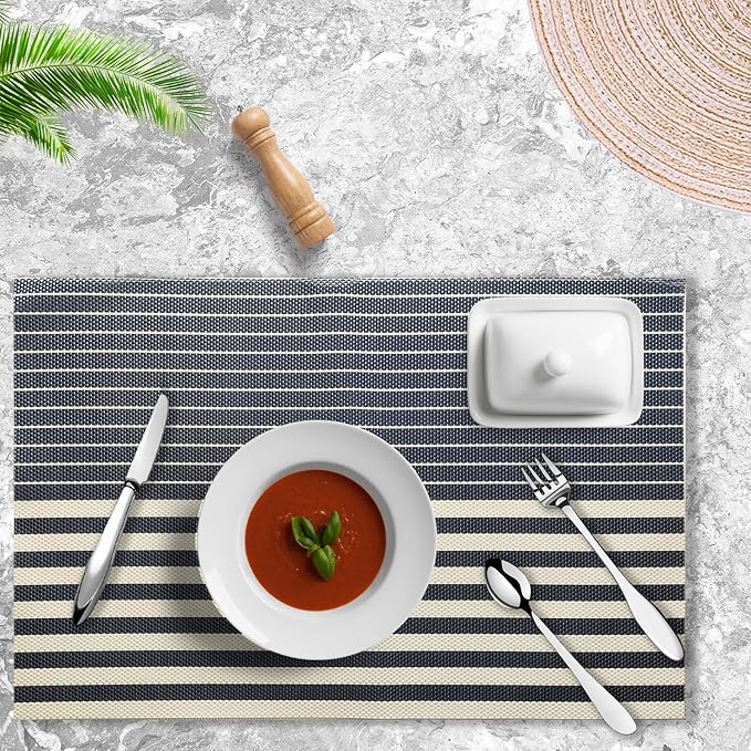 Placemats Set of 4 Vinyl Washable Navy Blue Placemats, 18"x12" Wipeable Heat-Resistant Non-Slip Easy Clean Table Mats Ideal for Dining Table Table Runner and Outdoor (4, Dark Blue Stripe)