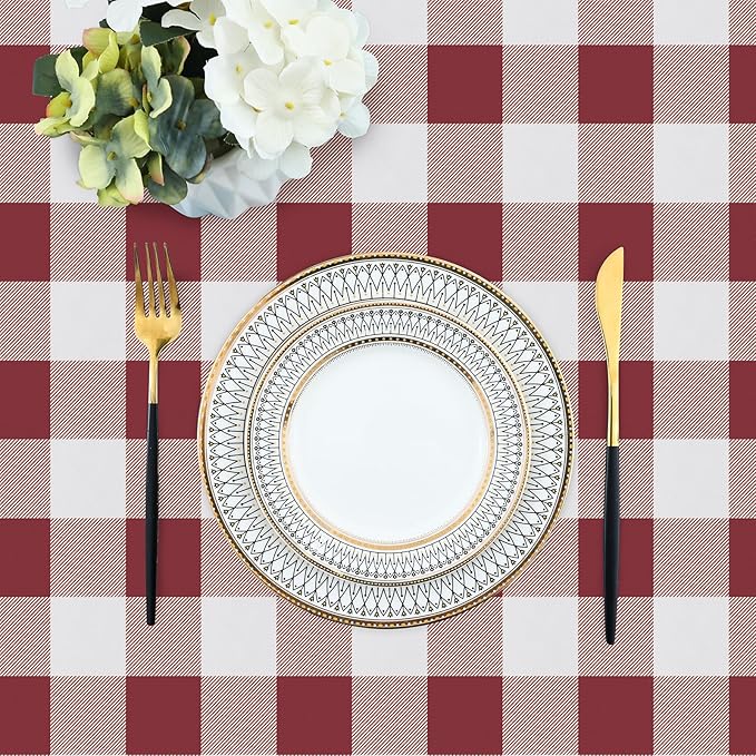 misaya Rectangle Waterproof Vinyl Table Cloth, Buffalo Flannel Backed Tablecloth, Wipeable Plastic Table Cover for Valentine's Day, Dinner, Kitchen, Outdoor (60" x 84", Burgundy and White)