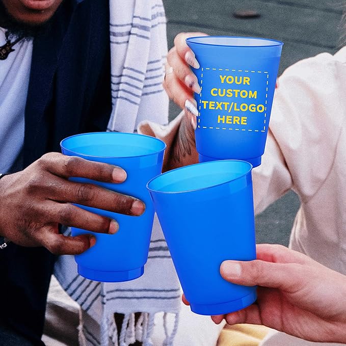 DISCOUNT PROMOS Custom Frosted Plastic Stadium Cups, 50 pack, Promotional Text, Logo, 16 oz. Shatterproof Flexible Reusable Party Cups, Blue