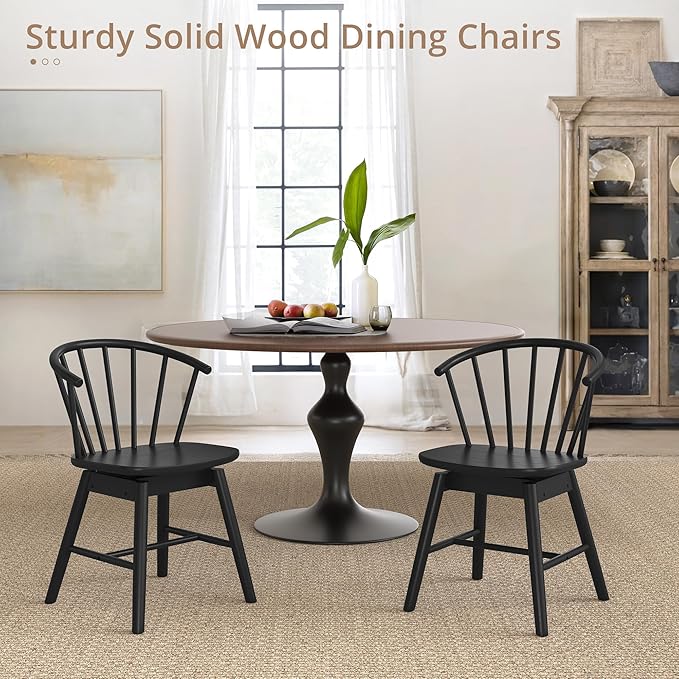 LUE BONA Black Dining Chairs Set of 4, Swivel Windsor Wood Dining Chairs with Semicircular Backrest, Spindle Dining Chair for Kitchen and Dining Room, 18 Inch