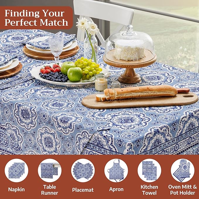 Maison d' Hermine Table Cloth Rectangle Table 100% Cotton 70 x 108 Inches Tablecloth Reusable Decorative for Dining Room Farmhouse Home Valentines Day Decorations Spring Summer - Melodie Bleue