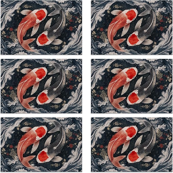 Placemats, Janpanese Koi Fish Placemats 12x18 Inch Waterproof Non-Slip Washable Table Mats for Kitchen Dining Party Table Decor,Set of 6