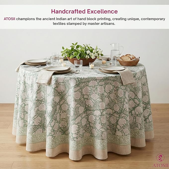 ATOSII Jade 100% Cotton Boho Round Tablecloth, Block Print Floral Table Cloth Linen for Dining, Parties, Weddings, Outdoors I Table Decor 90" Inches I