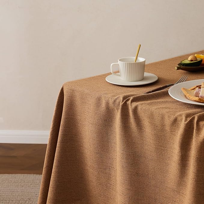 Linen Tablecloth for Rectangle Table, 60x84 Inch Caramel, Farmhouse Style Brown Tablecloth, Water Resistant Burlap Tablecloths for Dining Table Farmhouse Kitchen