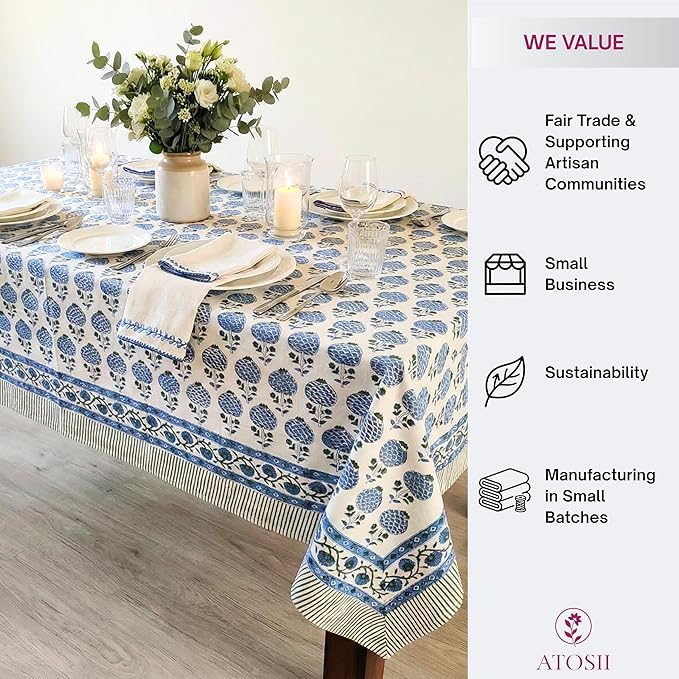 ATOSII Roma Blue 100% Cotton Boho Rectangle Fall Tablecloth, Handblock Floral Print Table Linen for Kitchen Dining I Parties, Outdoors, Weddings, Christmas, Thanksgiving I 72 X 120 Inches I 10 Seater