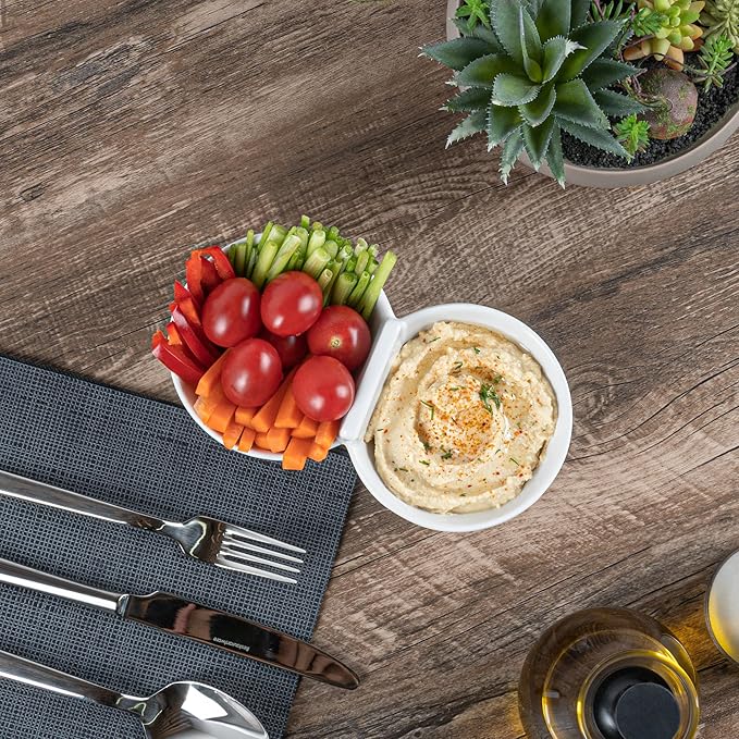 Restaurantware Voga 8.5 Ounce Divided Serving Dishes 10 Round Condiment Serving Dishes - 2 Compartments Serve Appetizers Snacks Dips Or Dressings White Melamine 2 Compartment Dishes