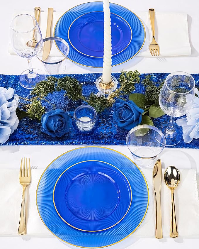 Hioasis 60pcs Blue Gold Plastic Plates - Gold Disposable Dinnerware Set, 30pcs Dinner 10.25in & 30pcs dessert 7.5in plates with striped designs for party & wedding