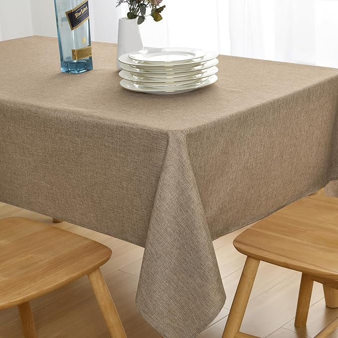 JIUZHEN Faux Linen Farmhouse Tablecloth Rectangular, Wrinkle Stain Resistant Table Cloth Rectangle Table Cover for Kitchen Dining, Holiday Party Dinner, Khaki, 60 x 140 Inch