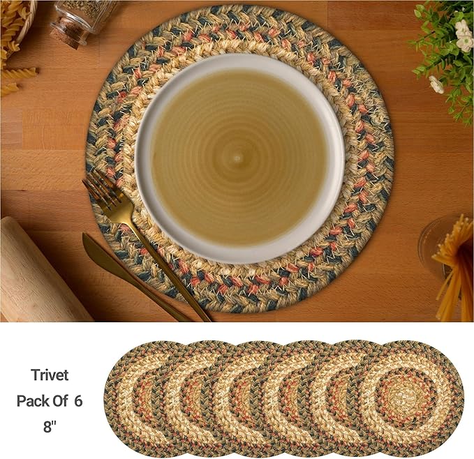 Homespice Russet Jute Braided Kitchen Trivets for Hot Dishes, Warm Country Decor, Set of 6, Multicolor 8" Round Heat Resistant Mat - Rich Colors, Easy to Clean, Durable and Protects Furniture