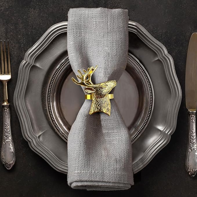 Decozen Set of 12 Gold Napkin Rings in Stag Design, Festive, Table Decor Setting for Holiday, Wedding, Birthday, Kitchen, Home Decor, Housewarming Gift - Thanksgiving & Christmas Gift Decoration