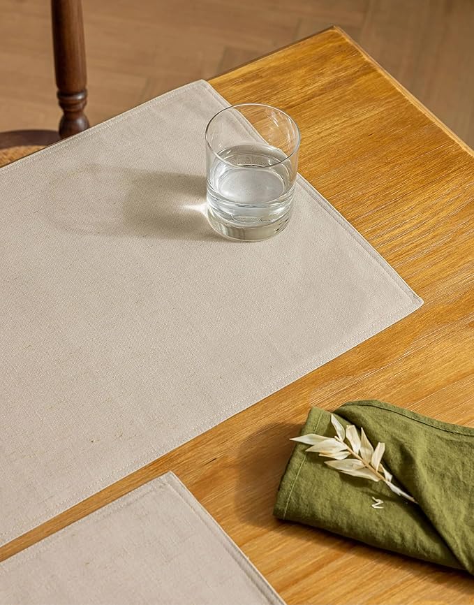 Fabric Linen Dining Table Mats Set of 8 Machine Washable Water Repellent Boho Cream Beige Plate Placemats Dining Room Table Decorations 12x18 Inch