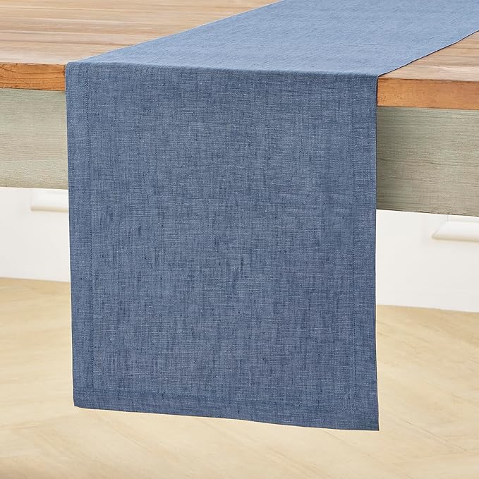 Solino Home Linen Table Runner 60 Inches - 100% Pure Linen Blue Denim Table Runner 14 x 60 Inch Ideal for Dresser and Coffee Tables - Athena, Winter, Spring, Easter