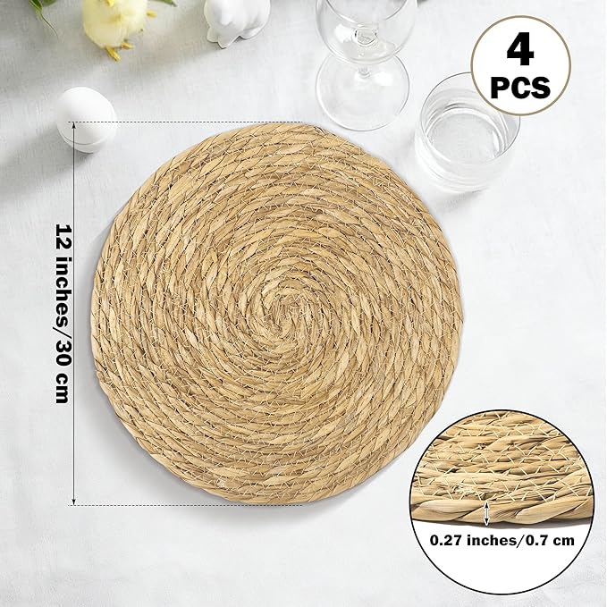 Elcoho 4 Pieces Round Woven Placemats 12 Inch Boho Rattan Placemats Farmhouse Braided Place Mats Woven Plate Chargers Rustic Wicker Table Mats for Dining Table