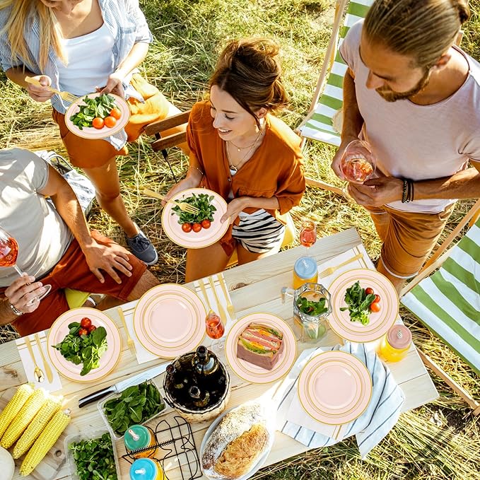 GATHER 700PCS Pink Plastic Plates - Gold Rim Disposable Plastic Dinnerware Set Include 200 Pink Plates, 300 Silverware, 100 Napkins, 100 Cups for Party & Wedding & Valentine's Day