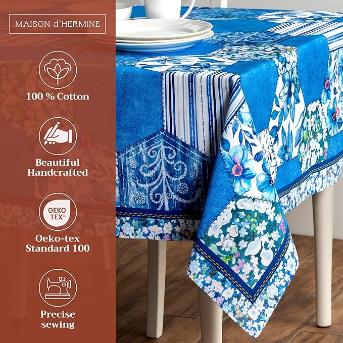 Maison d' Hermine Table Cloth Rectangle Table 100% Cotton 70 x 108 Inches Tablecloth Reusable Decorative for Dining Room Farmhouse Home Valentines Day Decorations Spring Summer - Summer Blues