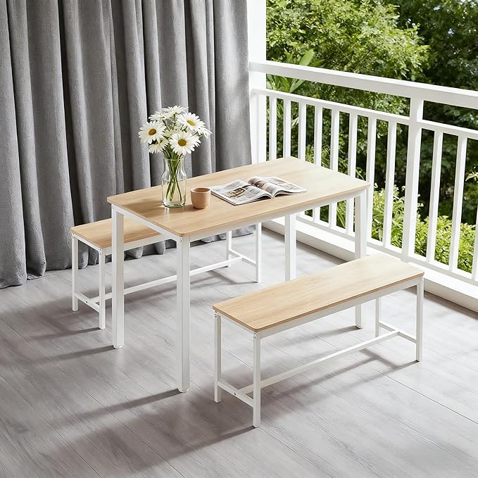 Dining Table Set for 4, Wooden Kitchen Table and 2 Benches Set with Metal Frame, Rectangular Dining Room Table Set for Small Space, Living Room, Apartment, Breakfast Nook, 43.3" L x 23.6" W x 29.9" H