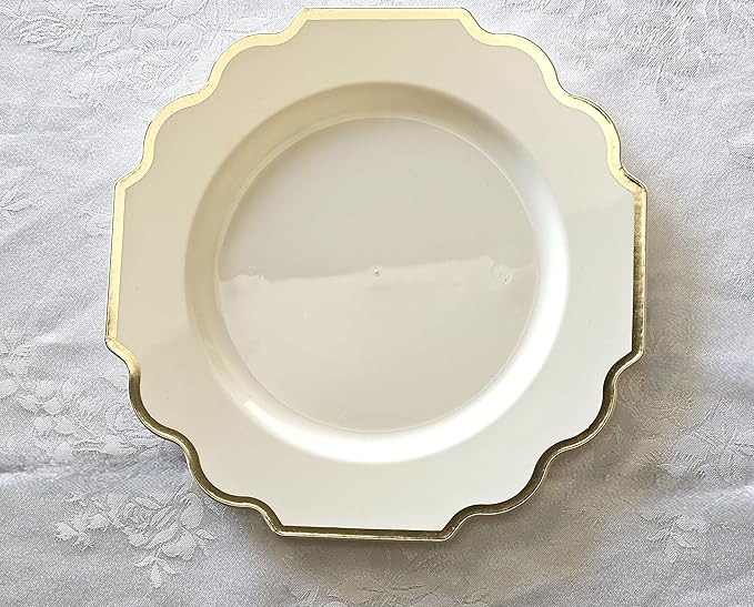 " OCCASIONS " 50 Plates Pack (25 Guests)-Heavyweight Wedding Party Disposable Plastic Plate Set -(25x10.5'' Dinner + 25x8'' Salad/Dessert) (Imperial Ivory & Gold)